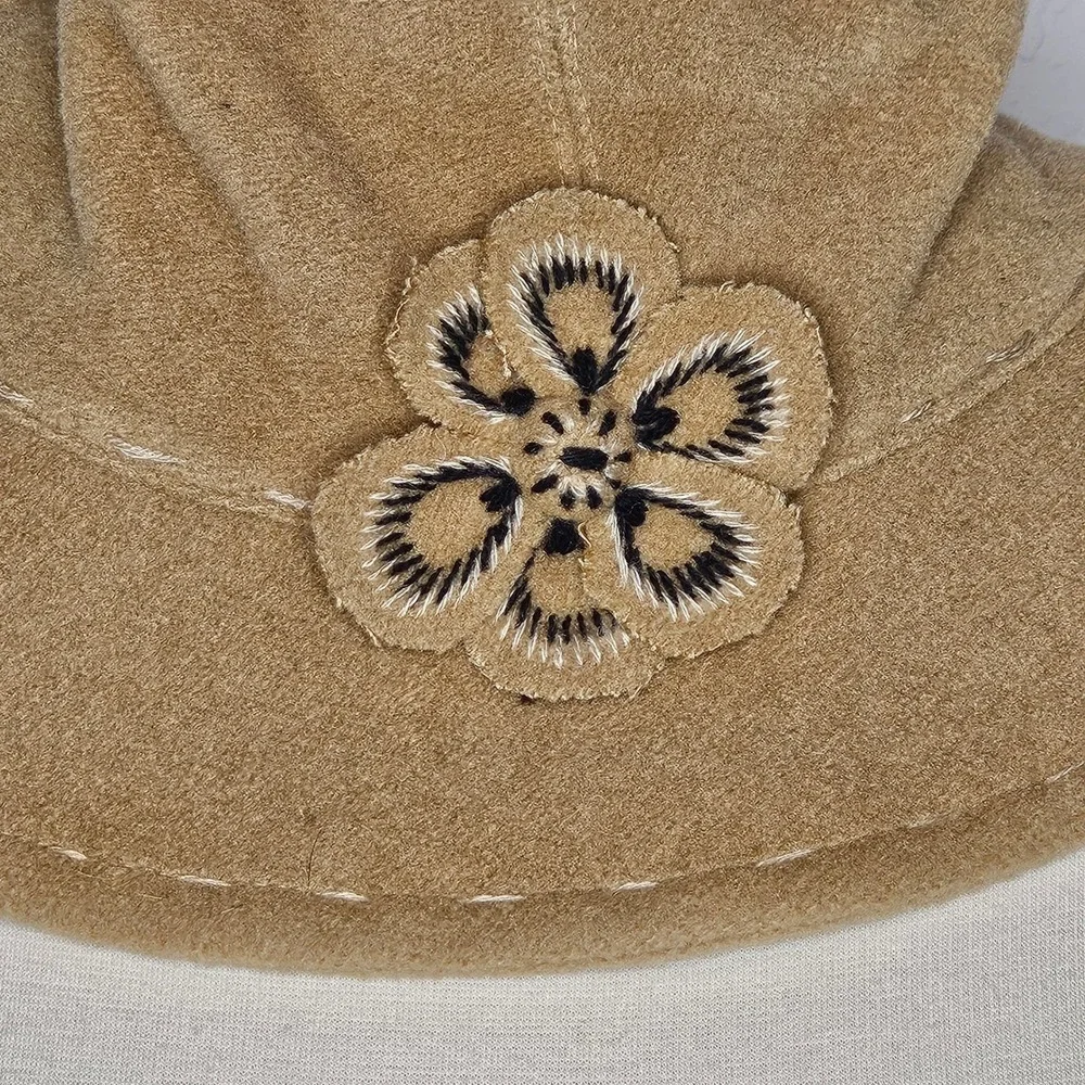 Wool Blend Camel Tan Bucket Hat Floral Embroidery Whipstitch Boho Cloche
